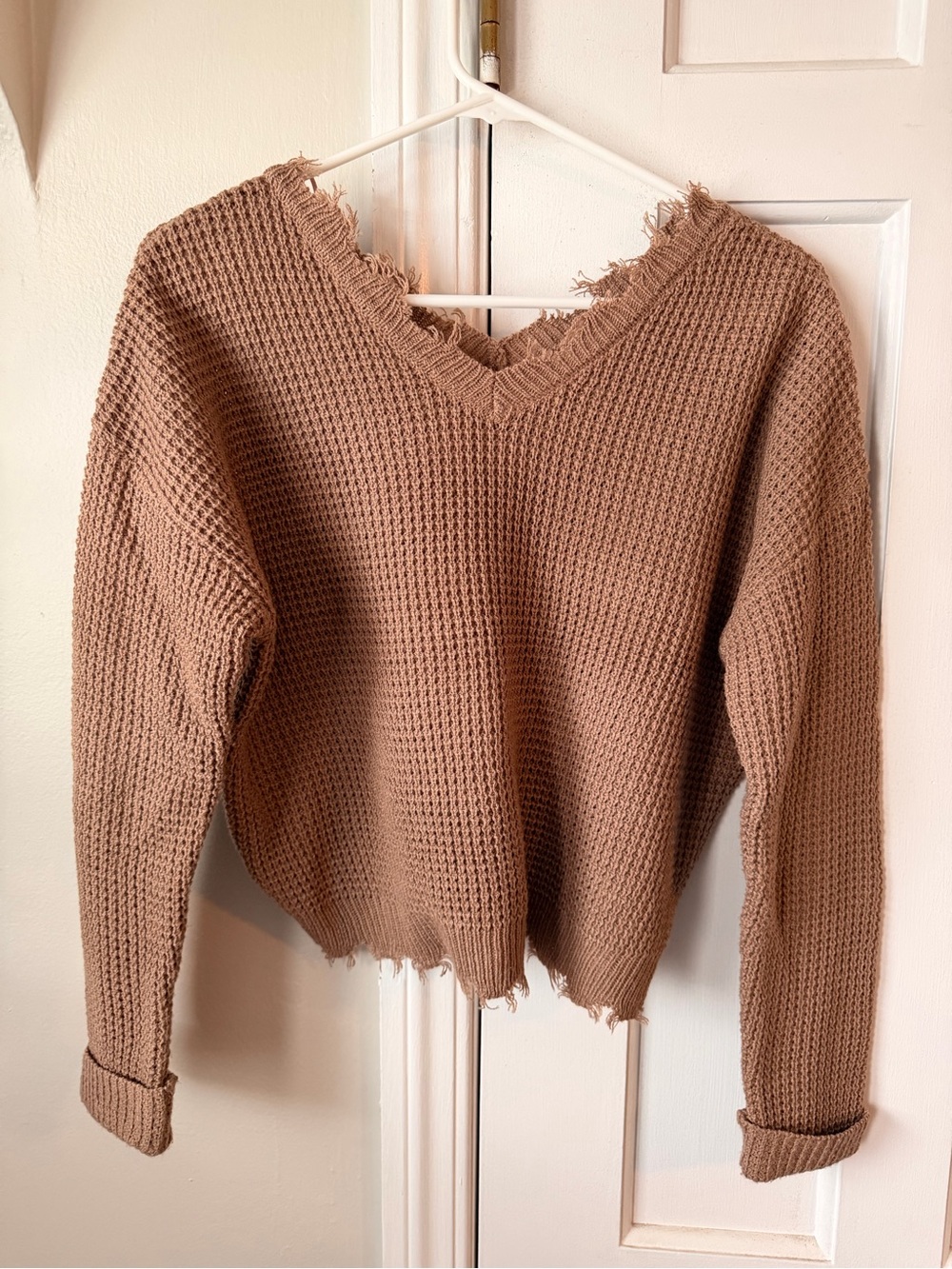 Dry Goods Frayed V‑Neck Waffle Knit Sweater - Taupe Brown